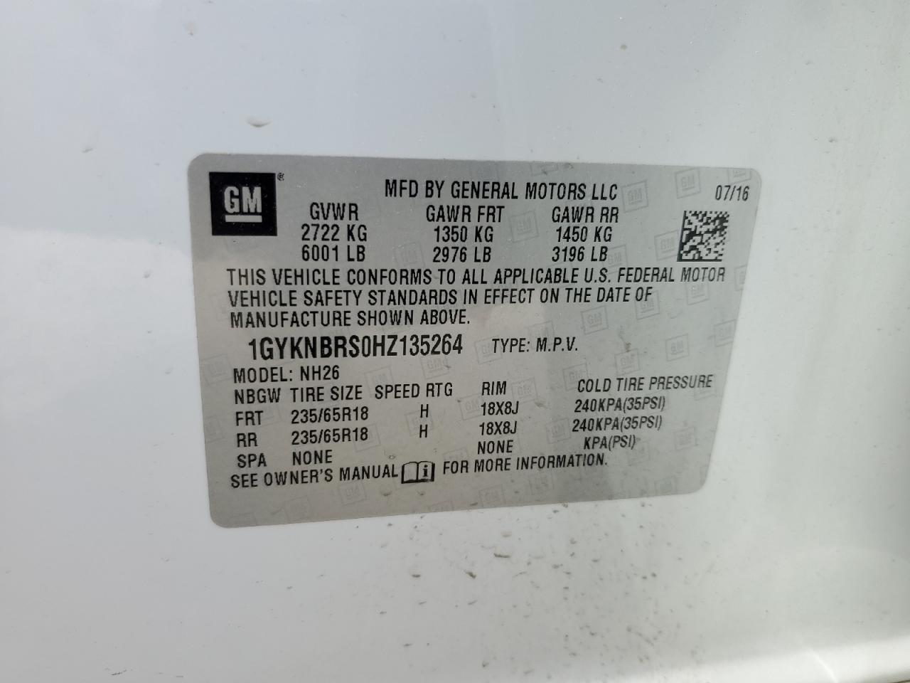 2017 Cadillac Xt5 Luxury VIN: 1GYKNBRS0HZ135264 Lot: 60697844