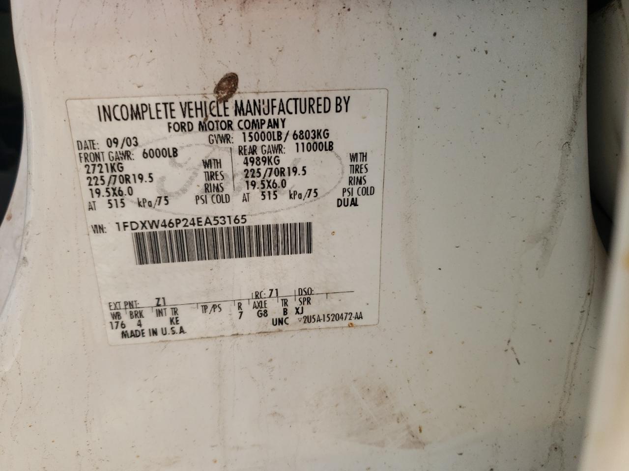 2004 Ford F450 Super Duty VIN: 1FDXW46P24EA53165 Lot: 58096124