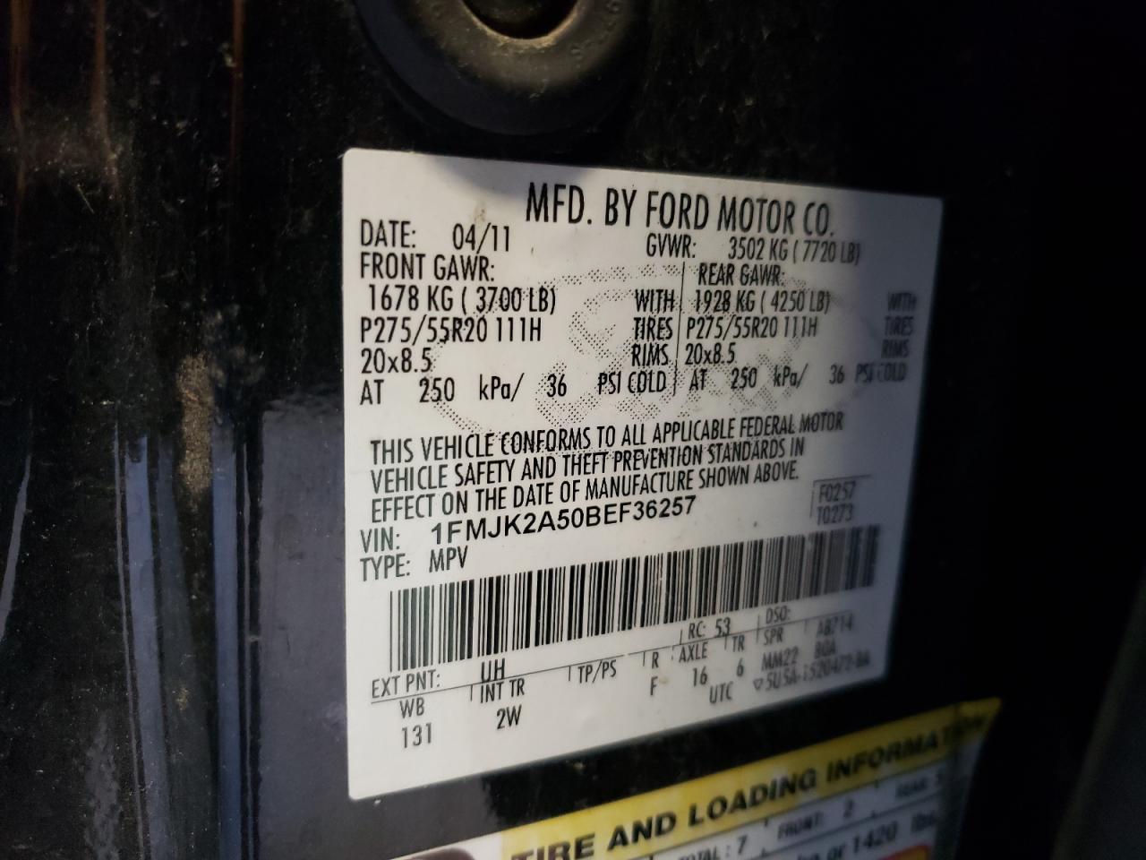 2011 Ford Expedition El Limited VIN: 1FMJK2A50BEF36257 Lot: 59870784