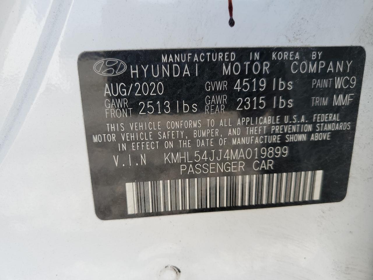 2021 Hyundai Sonata Hybrid VIN: KMHL54JJ4MA019899 Lot: 57564254