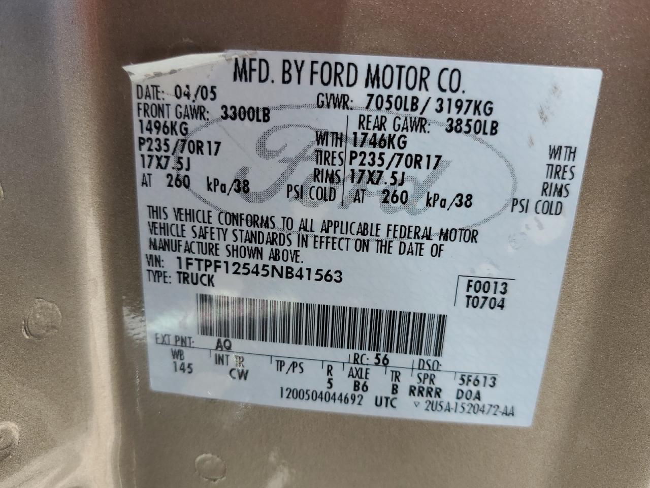 2005 Ford F150 VIN: 1FTPF12545NB41563 Lot: 59086404