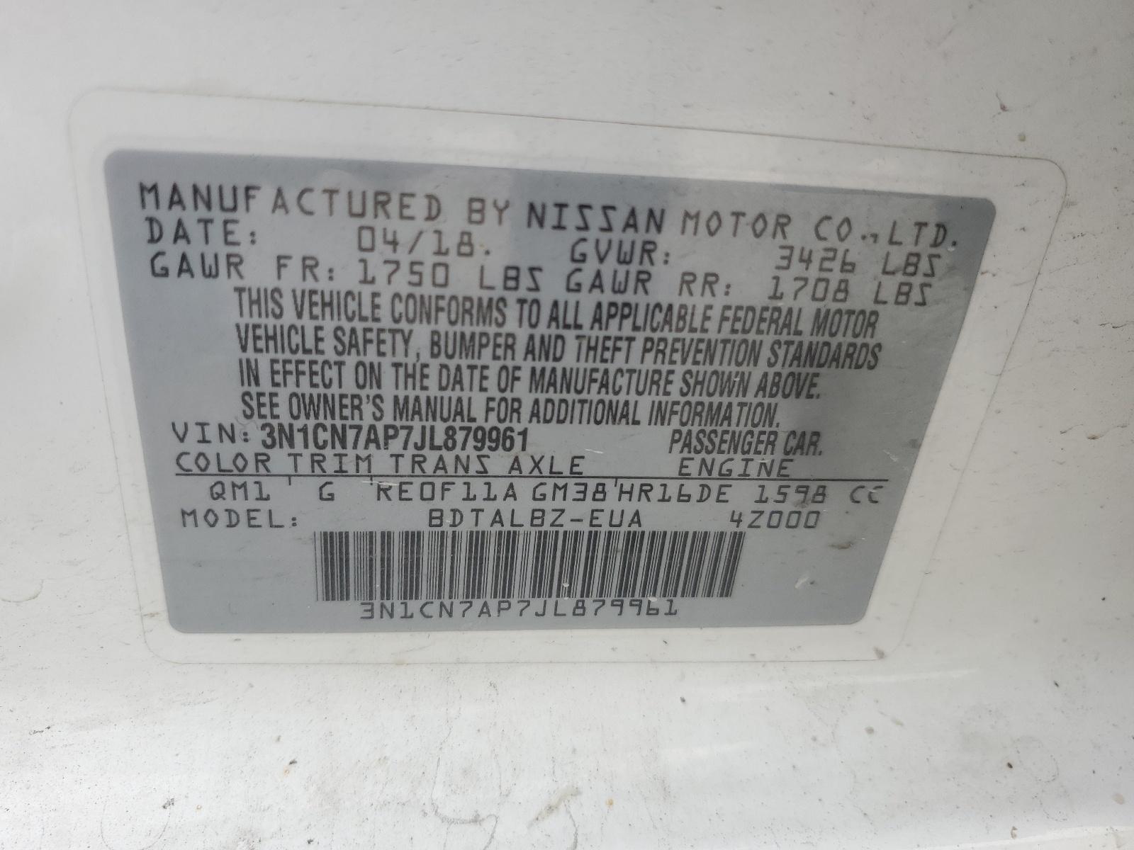 3N1CN7AP7JL879961 2018 Nissan Versa S