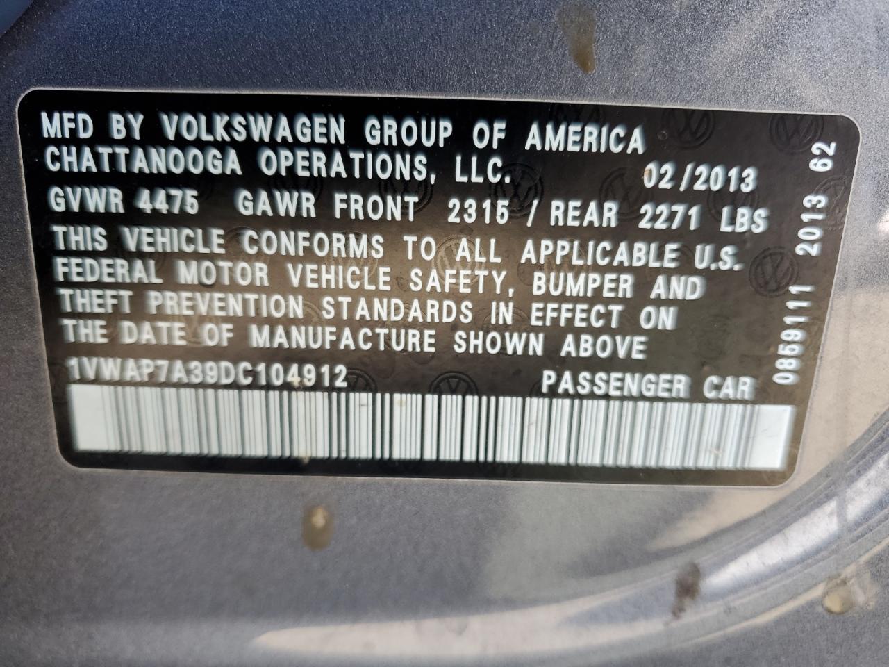 1VWAP7A39DC104912 2013 Volkswagen Passat S