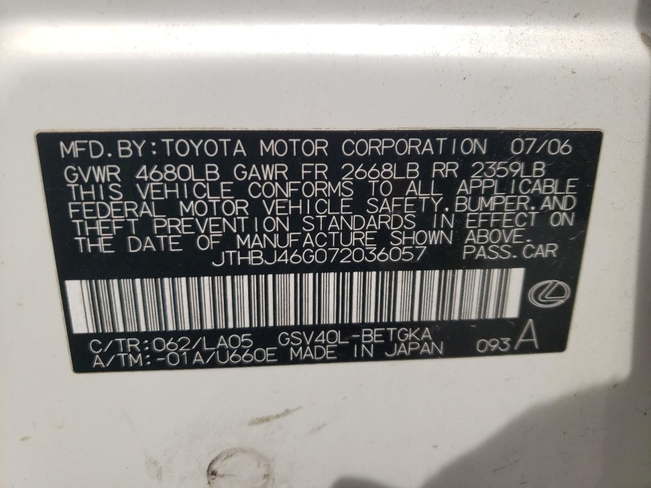 2007 Lexus Es 350 VIN: JTHBJ46G072036057 Lot: 59175874