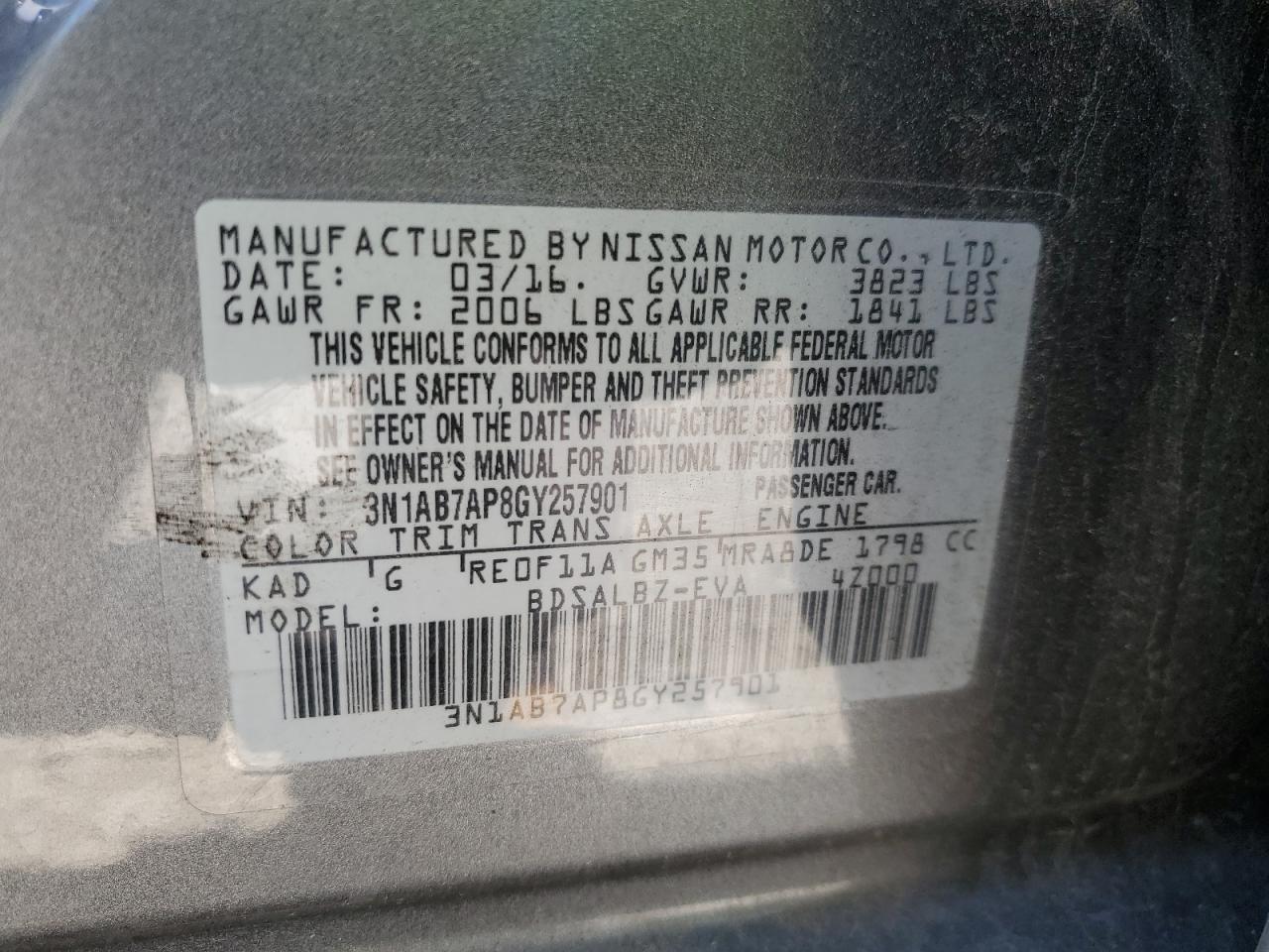 3N1AB7AP8GY257901 2016 Nissan Sentra S