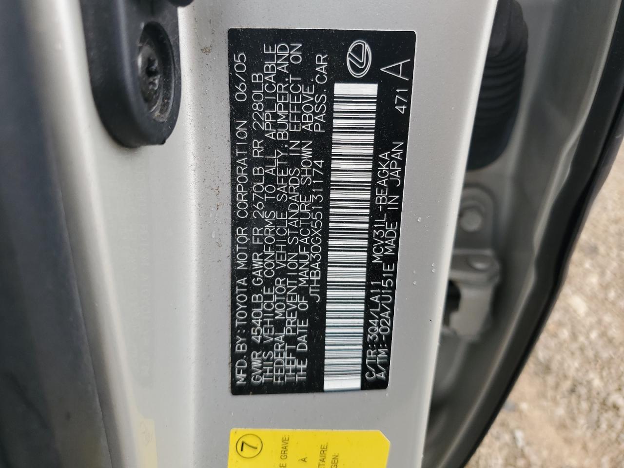 2005 Lexus Es 330 VIN: JTHBA30GX55131174 Lot: 68709085