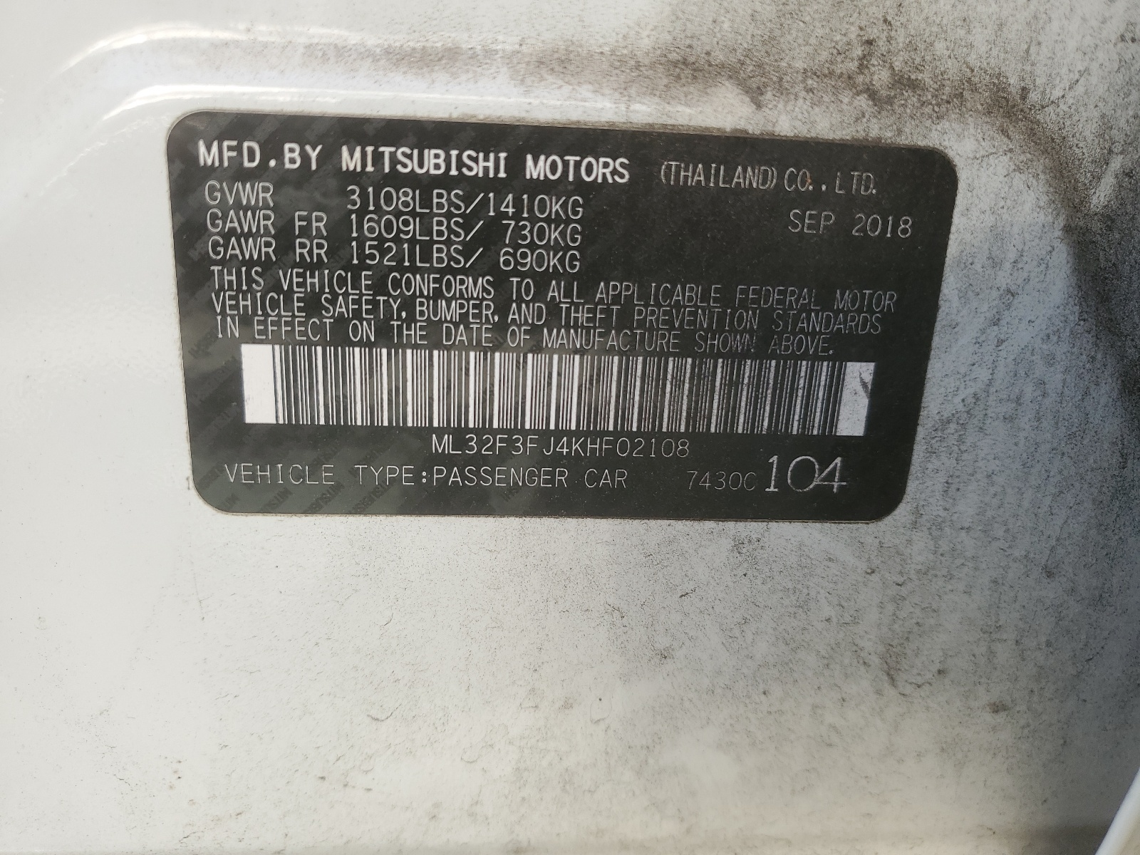 ML32F3FJ4KHF02108 2019 Mitsubishi Mirage G4 Es