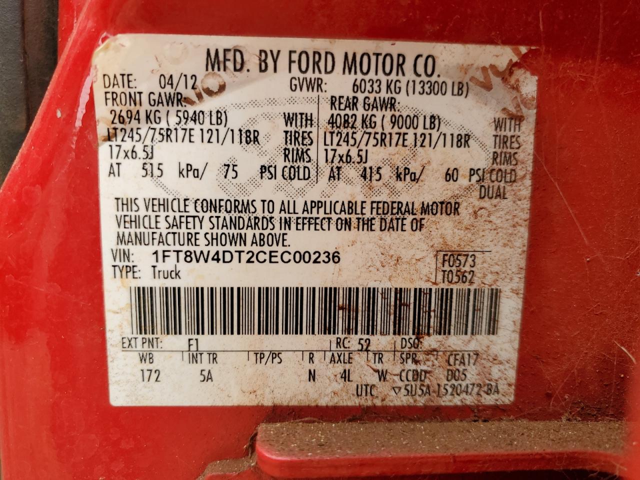 2012 Ford F450 Super Duty VIN: 1FT8W4DT2CEC00236 Lot: 57332214