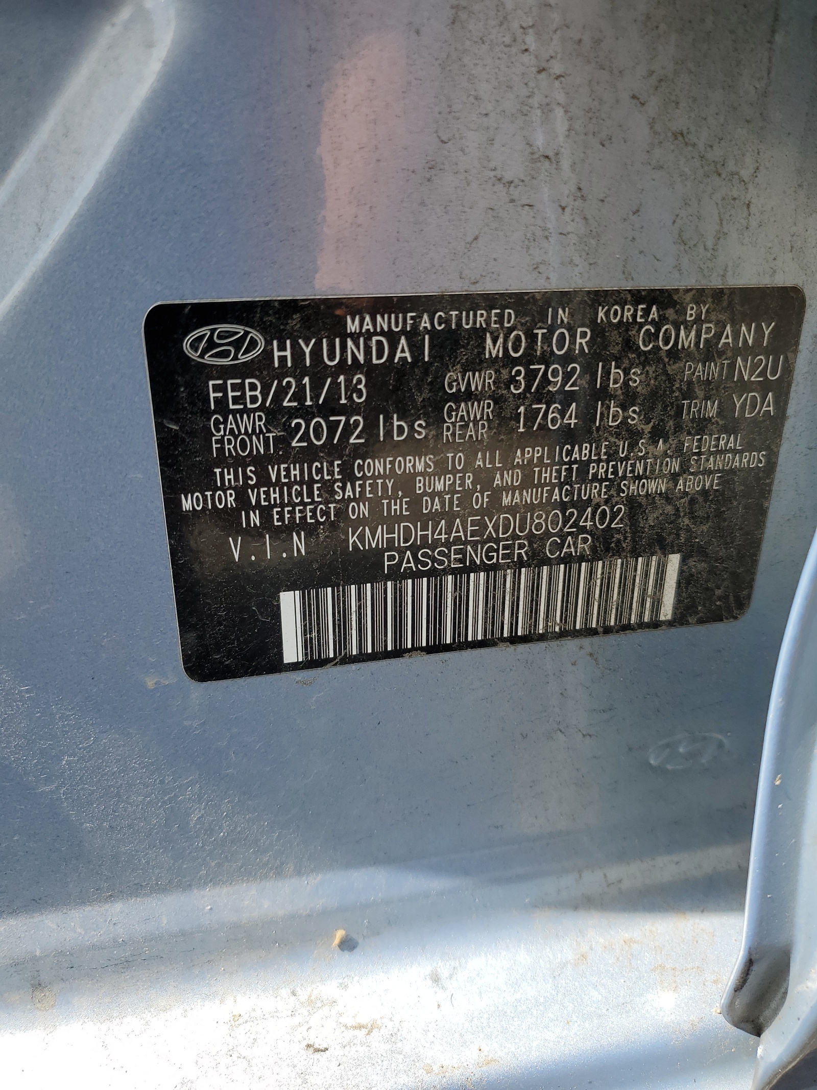 KMHDH4AEXDU802402 2013 Hyundai Elantra Gls