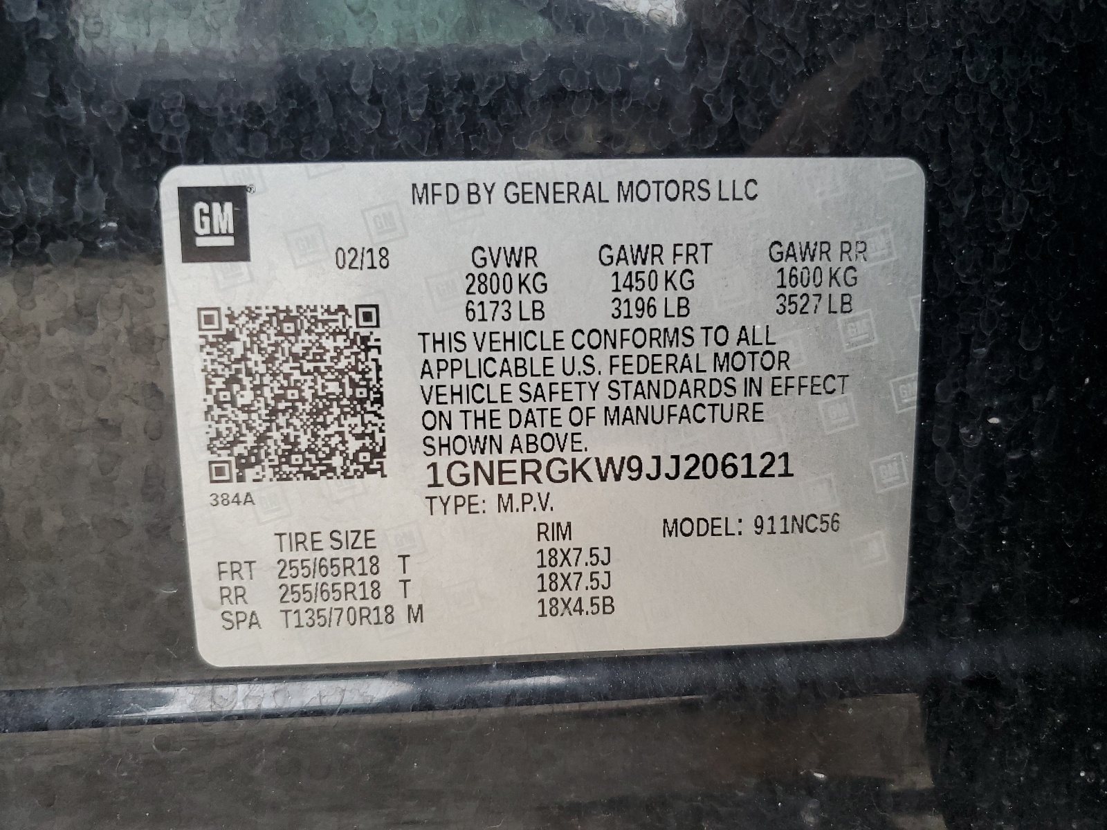 1GNERGKW9JJ206121 2018 Chevrolet Traverse Lt