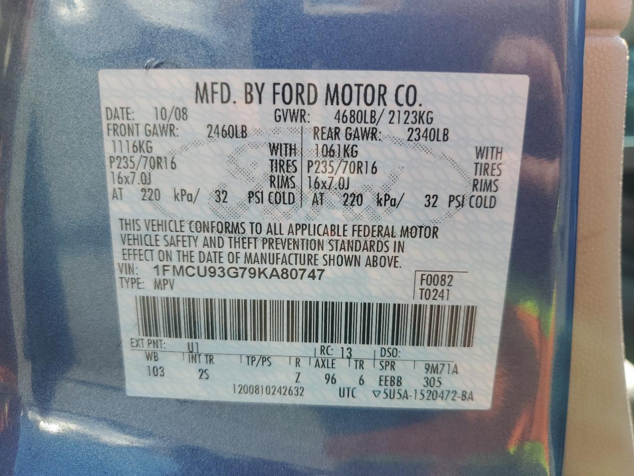 2009 Ford Escape Xlt VIN: 1FMCU93G79KA80747 Lot: 60149374