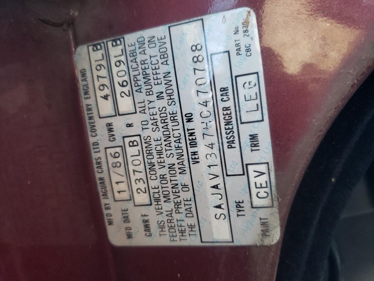 1987 Jaguar Xj6 VIN: SAJAV1347HC470788 Lot: 60526694