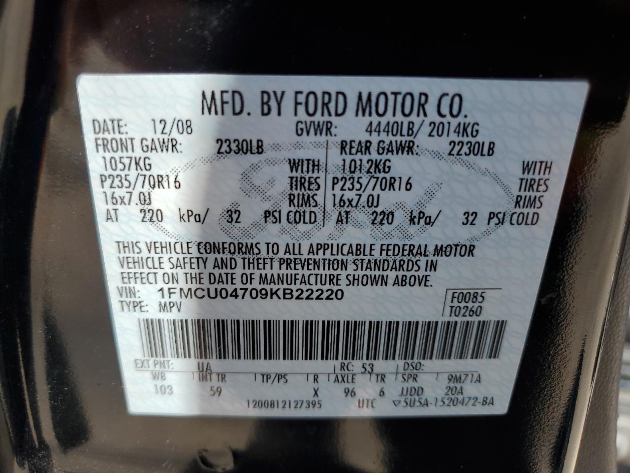 2009 Ford Escape Limited VIN: 1FMCU04709KB22220 Lot: 57719514