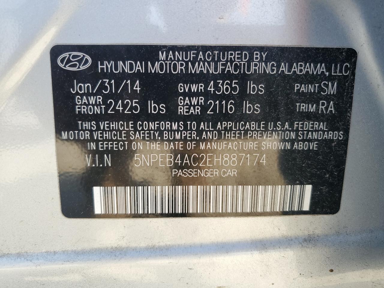 5NPEB4AC2EH887174 2014 Hyundai Sonata Gls