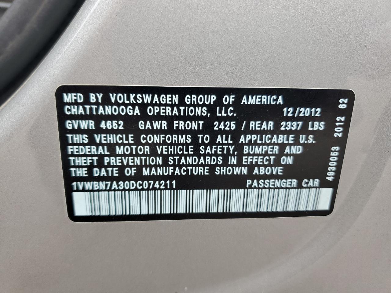 2013 Volkswagen Passat Se VIN: 1VWBN7A30DC074211 Lot: 60002774