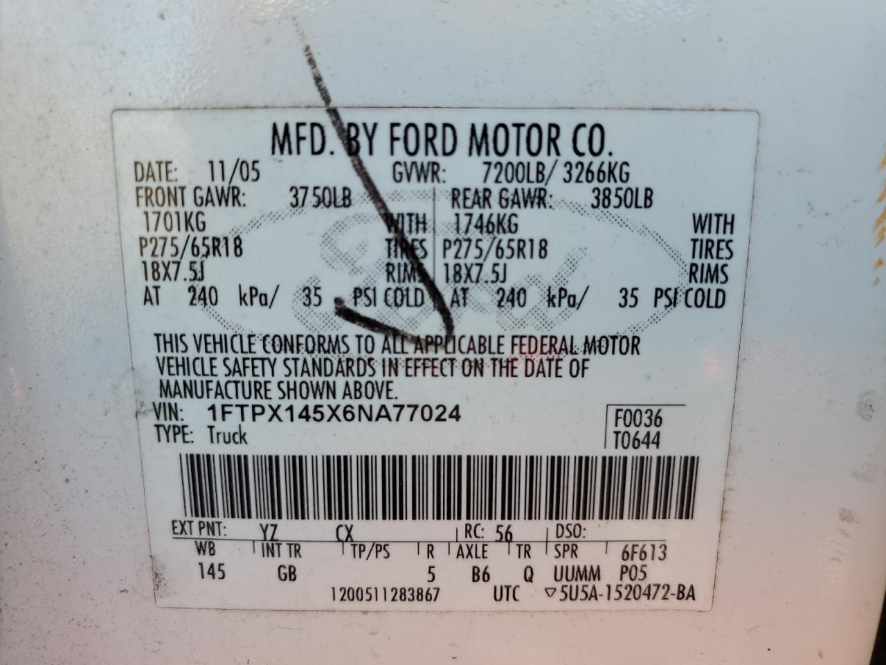 2006 Ford F150 VIN: 1FTPX145X6NA77024 Lot: 58894484