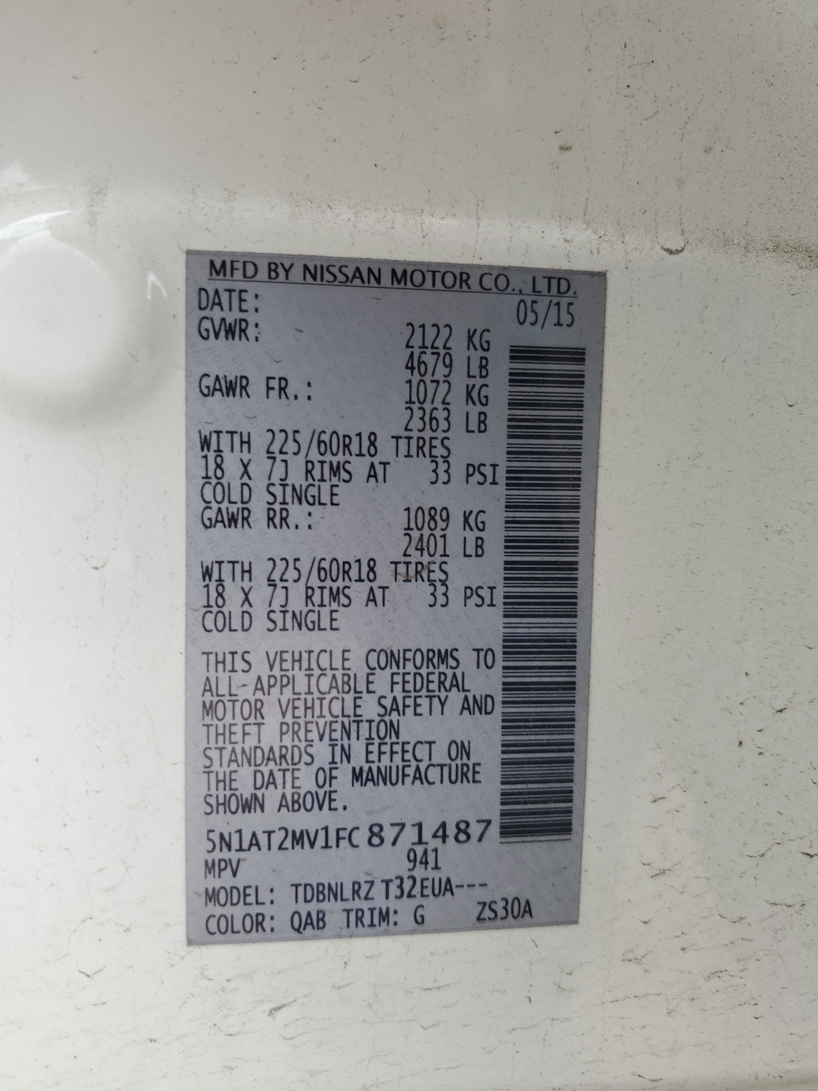 5N1AT2MV1FC871487 2015 Nissan Rogue S