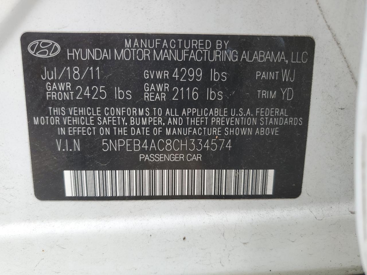 5NPEB4AC8CH334574 2012 Hyundai Sonata Gls