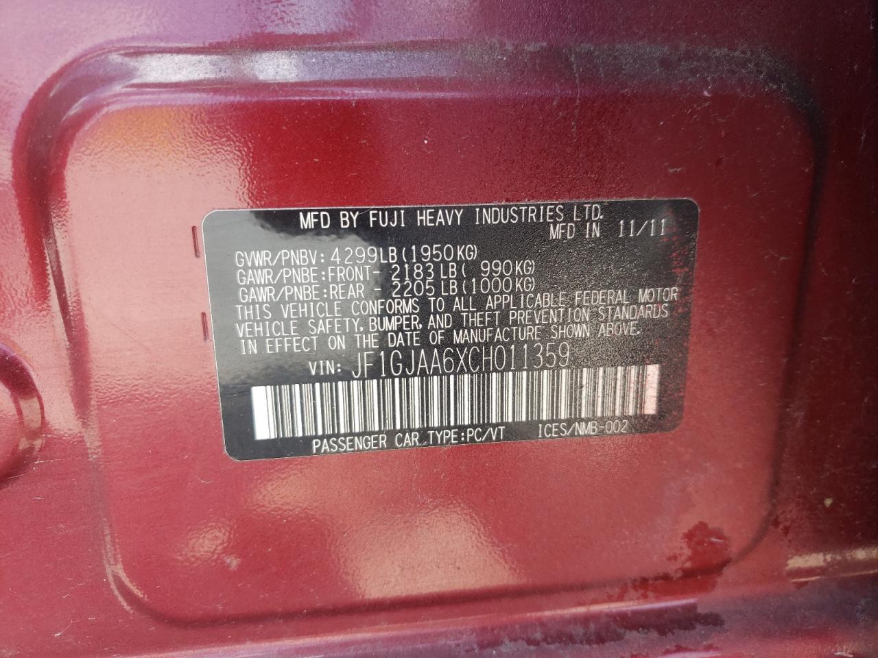 2012 Subaru Impreza VIN: JF1GJAA6XCH011359 Lot: 60111224