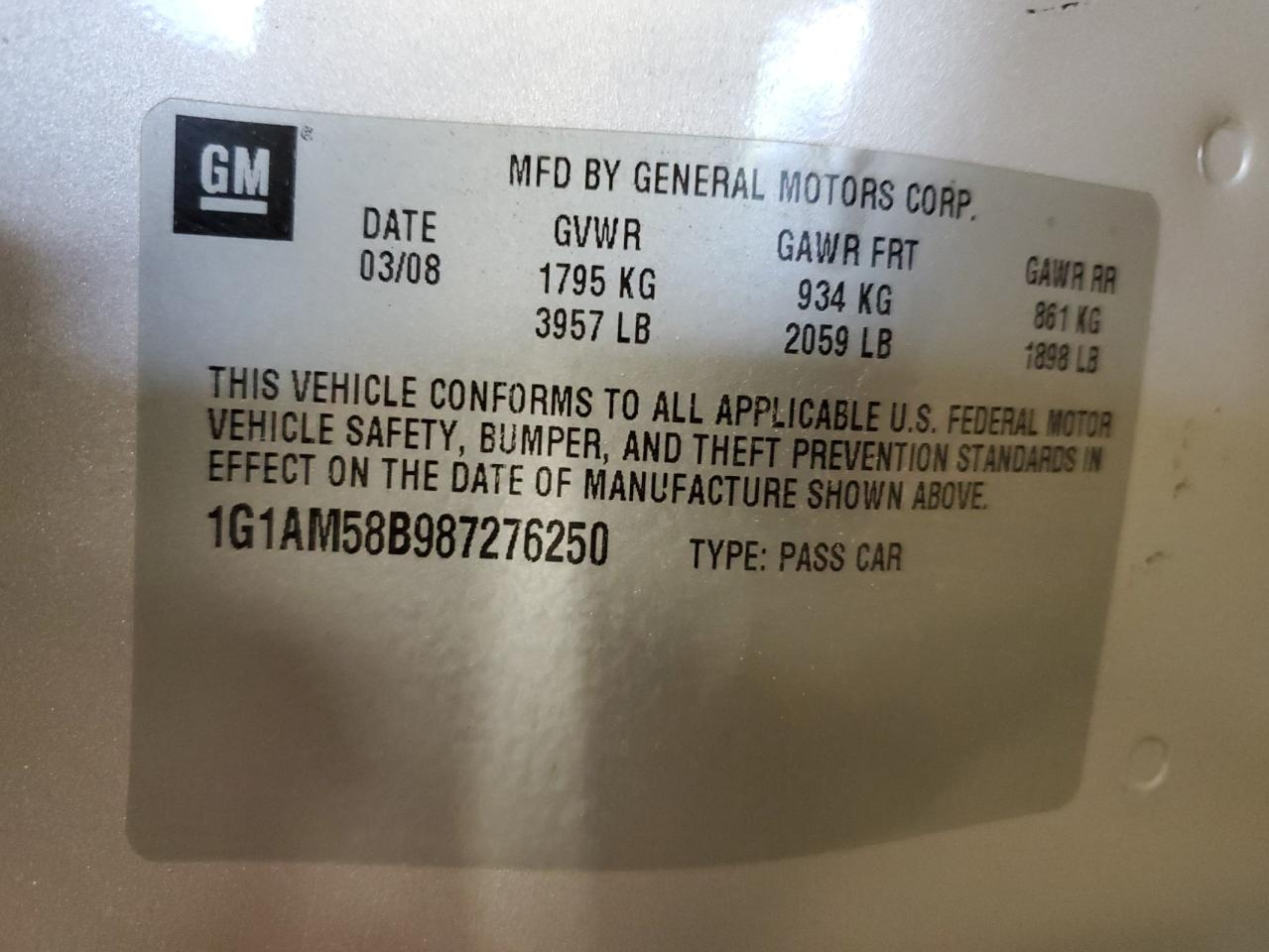 2008 Chevrolet Cobalt Sport VIN: 1G1AM58B987276250 Lot: 58110924