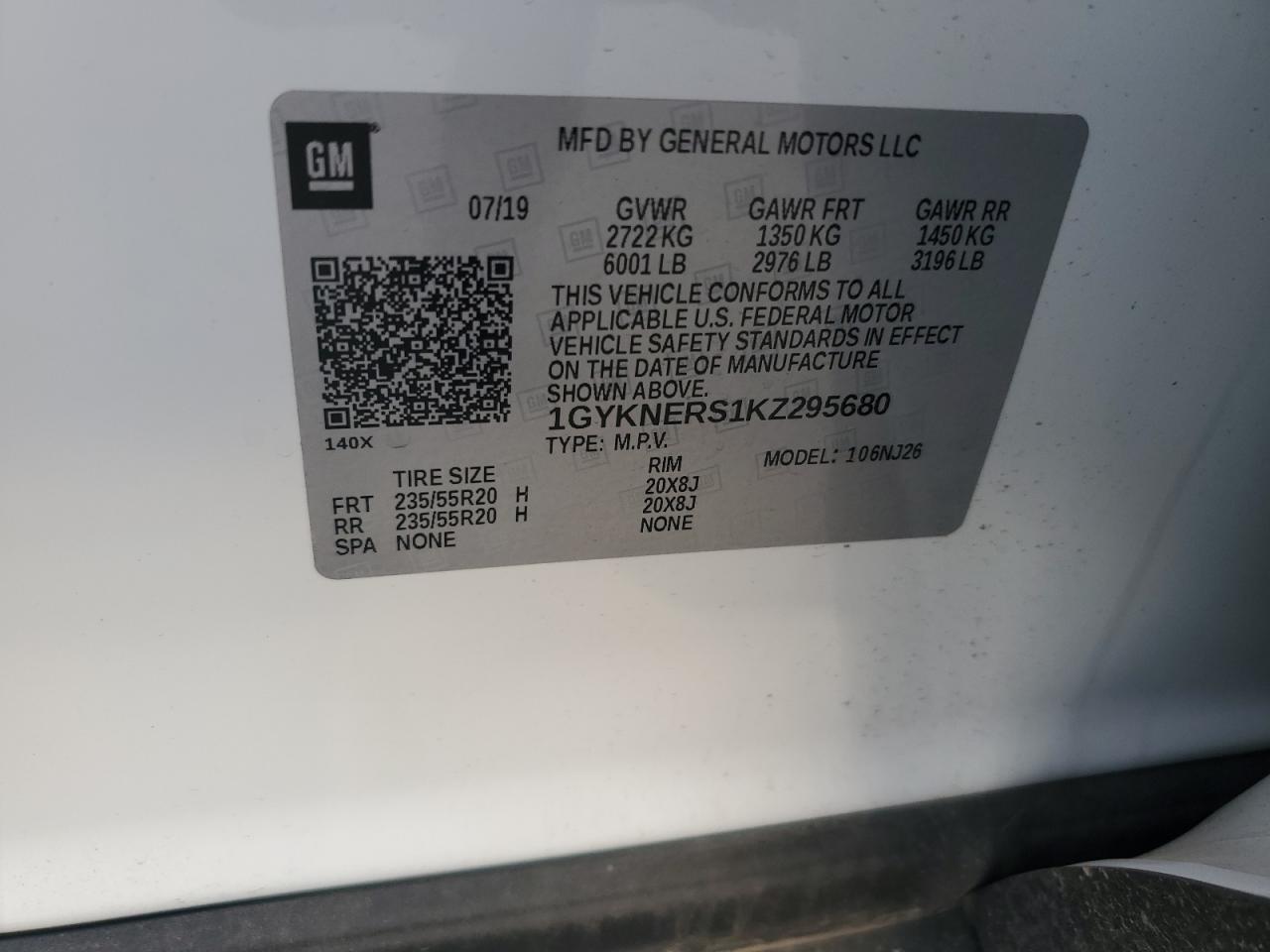 2019 Cadillac Xt5 Premium Luxury VIN: 1GYKNERS1KZ295680 Lot: 57940934