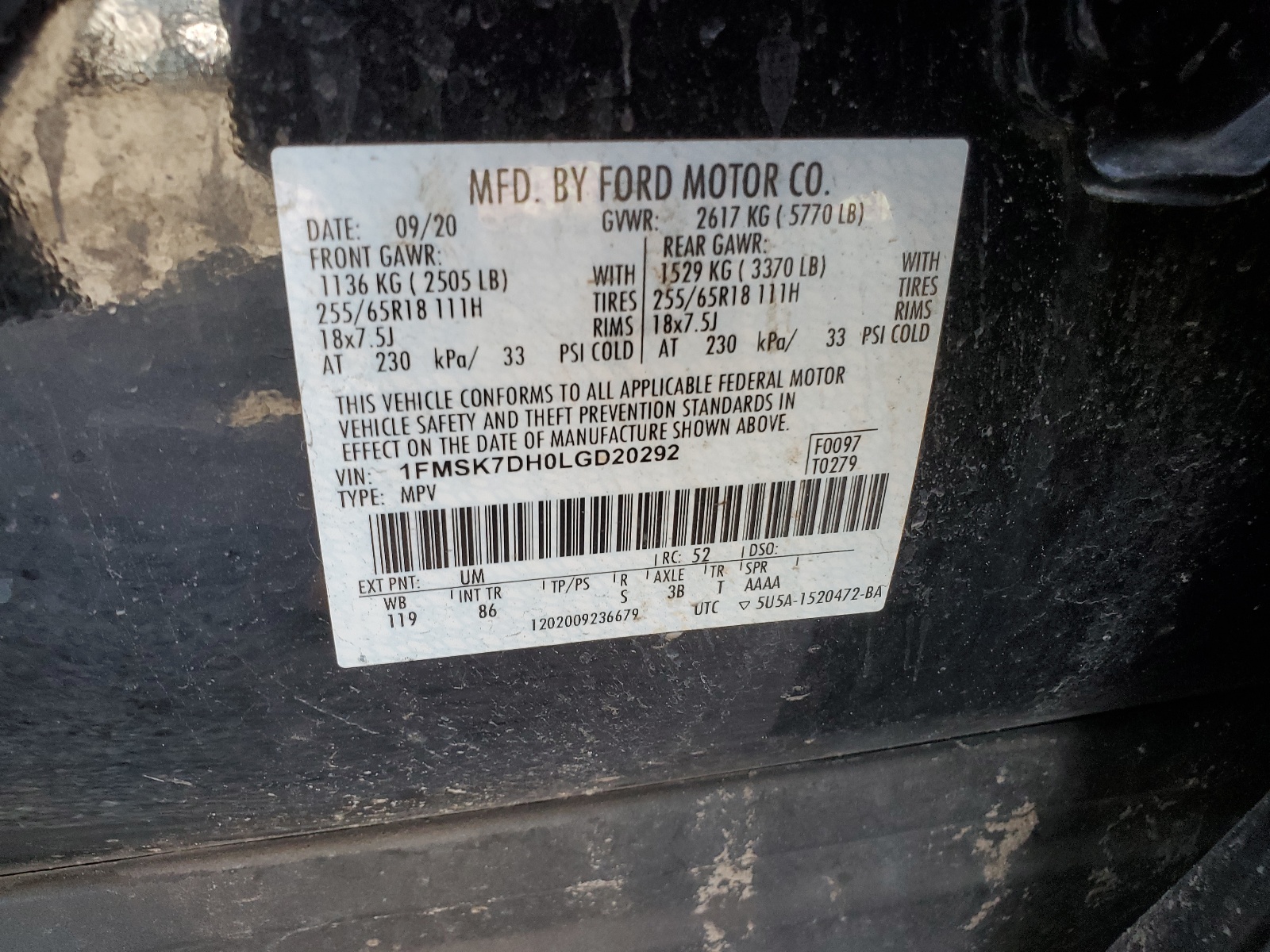 1FMSK7DH0LGD20292 2020 Ford Explorer Xlt