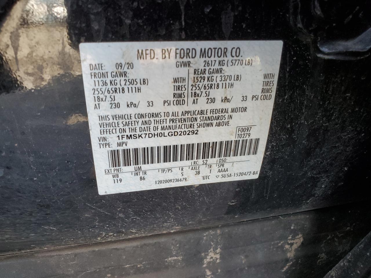 2020 Ford Explorer Xlt VIN: 1FMSK7DH0LGD20292 Lot: 59110864