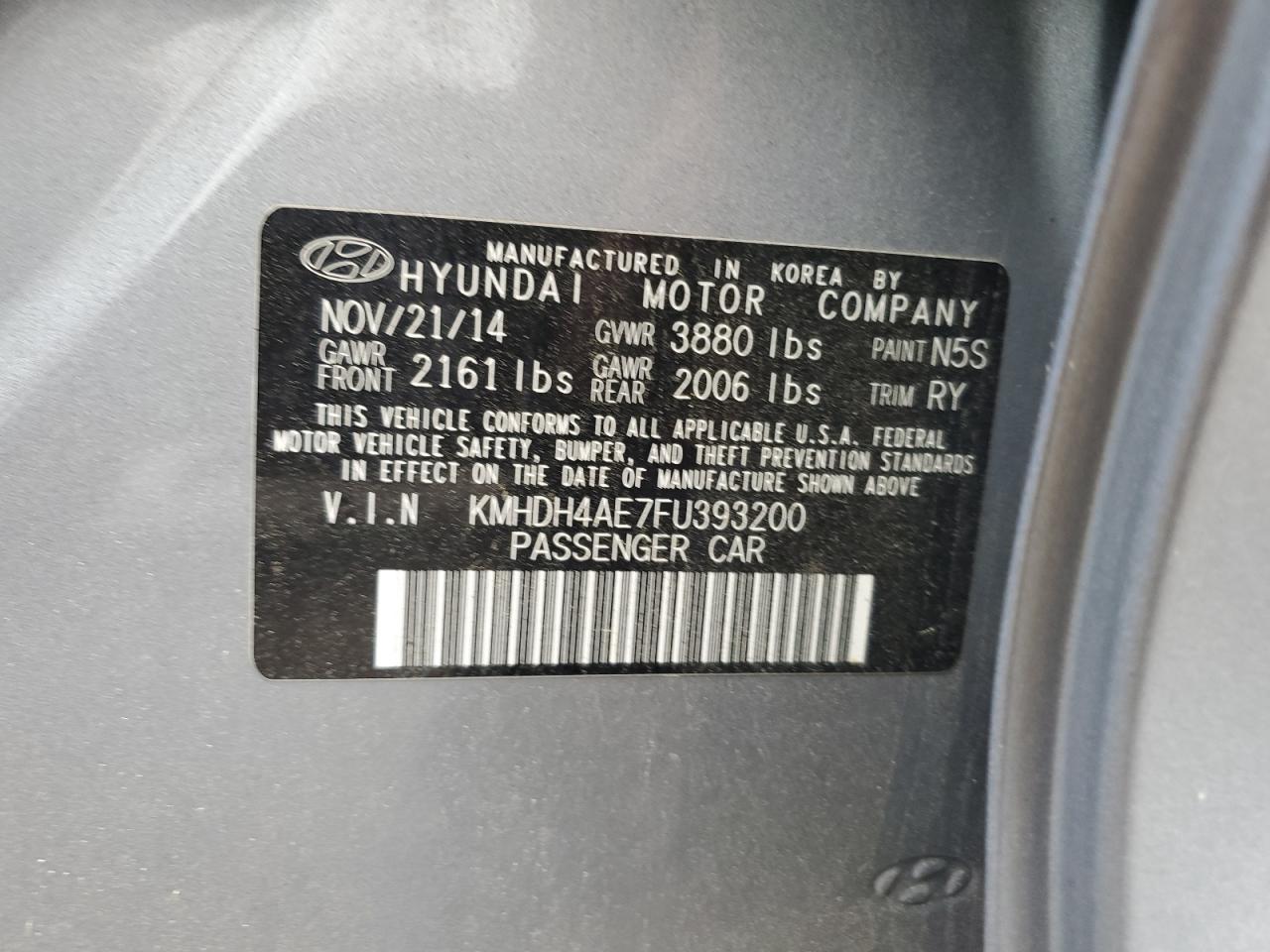 2015 Hyundai Elantra Se VIN: KMHDH4AE7FU393200 Lot: 59889474