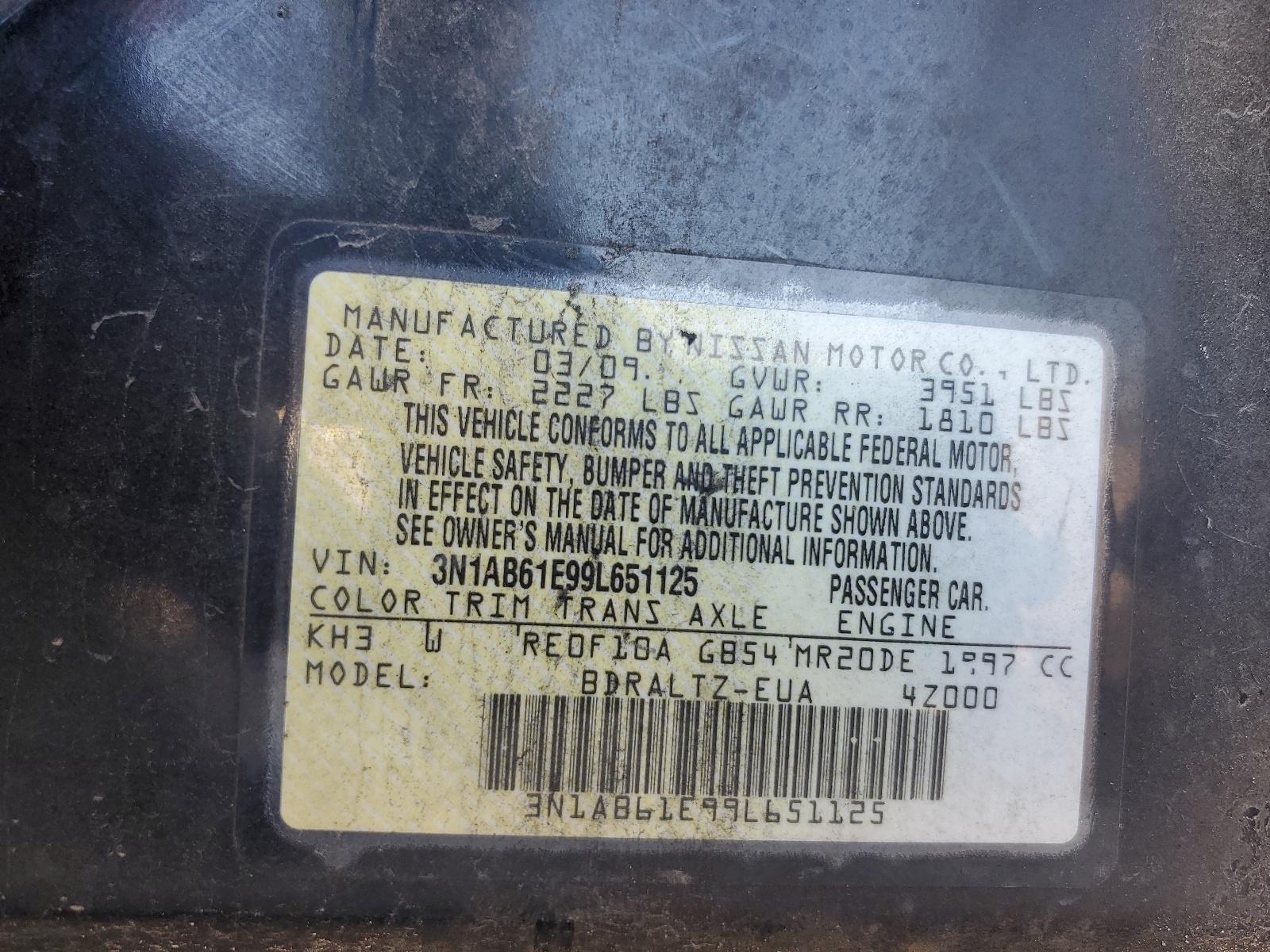 3N1AB61E99L651125 2009 Nissan Sentra 2.0
