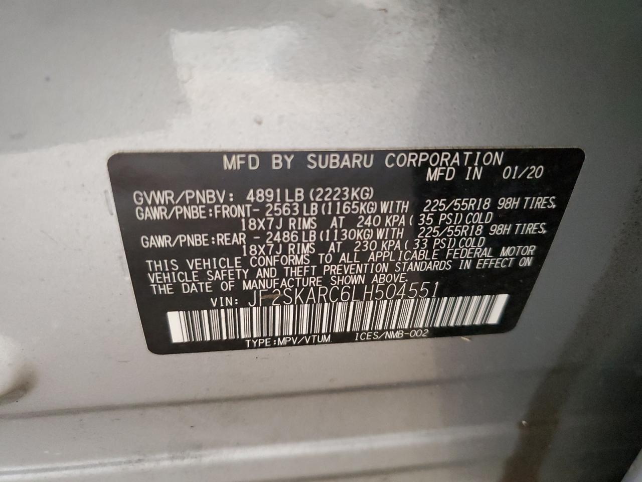 2020 Subaru Forester Sport VIN: JF2SKARC6LH504551 Lot: 59744794