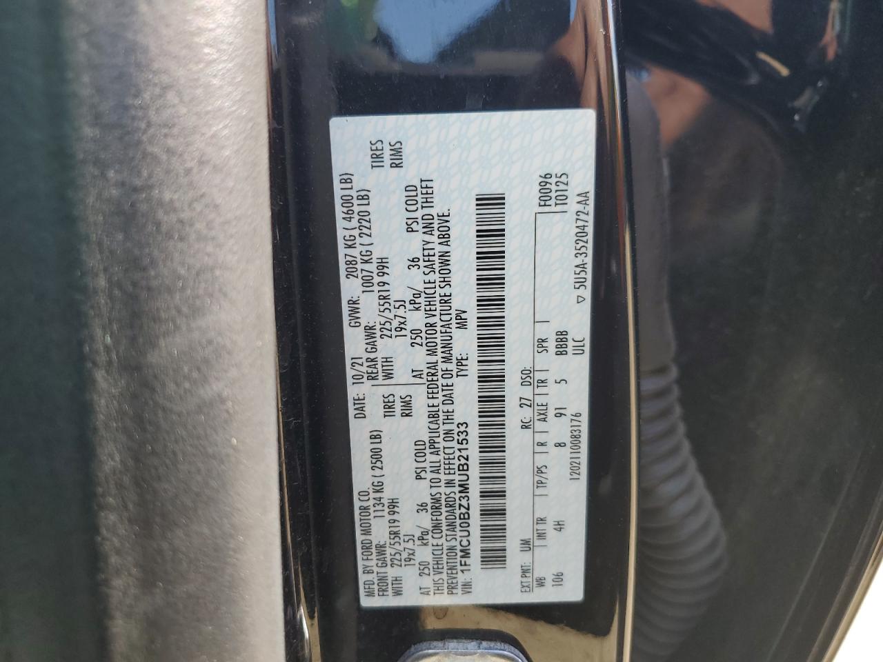 2021 Ford Escape Se VIN: 1FMCU0BZ3MUB21533 Lot: 59457944