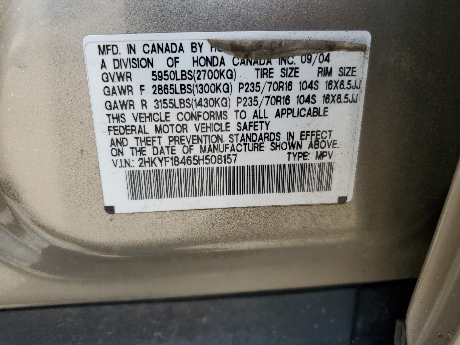 2HKYF18465H508157 2005 Honda Pilot Ex