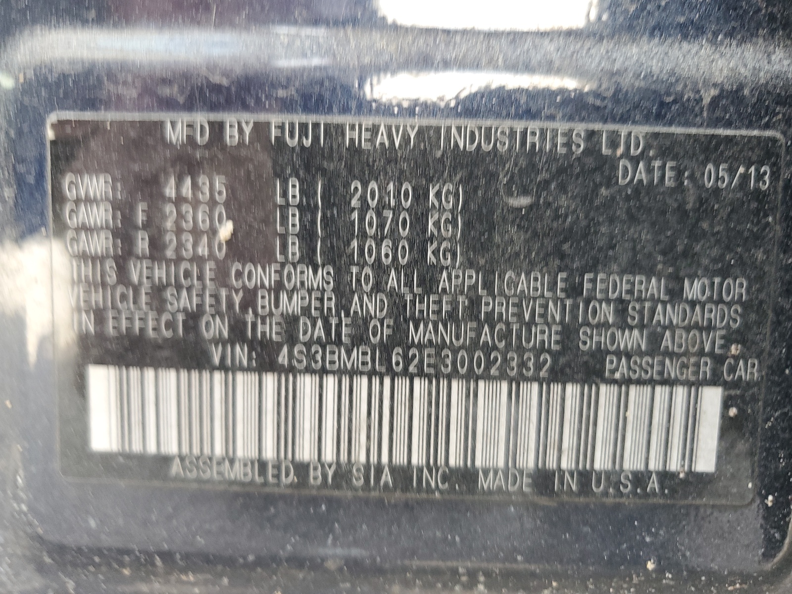 4S3BMBL62E3002332 2014 Subaru Legacy 2.5I Limited