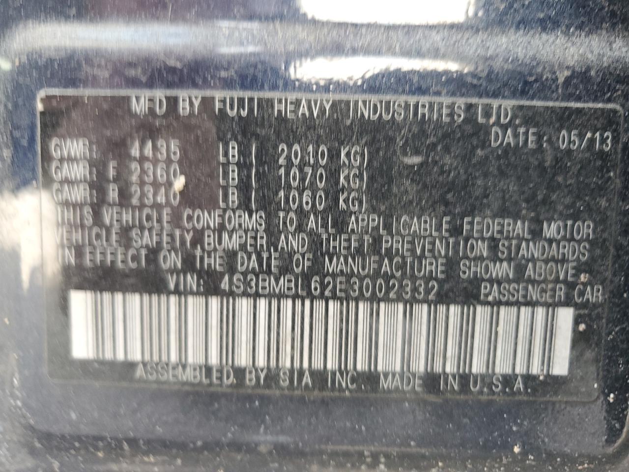 2014 Subaru Legacy 2.5I Limited VIN: 4S3BMBL62E3002332 Lot: 60667174