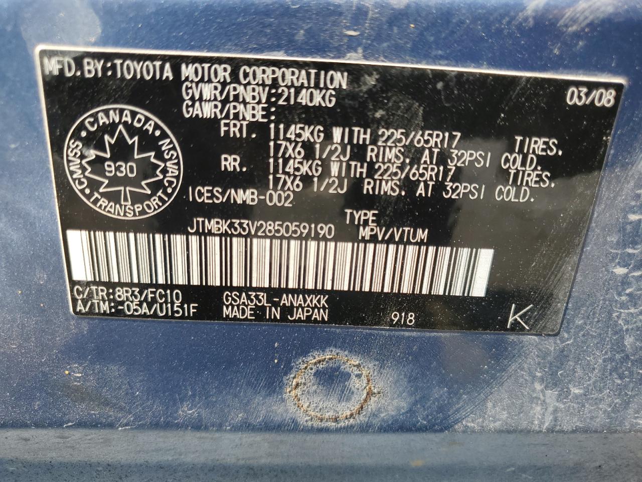 2008 Toyota Rav4 VIN: JTMBK33V285059190 Lot: 60280674