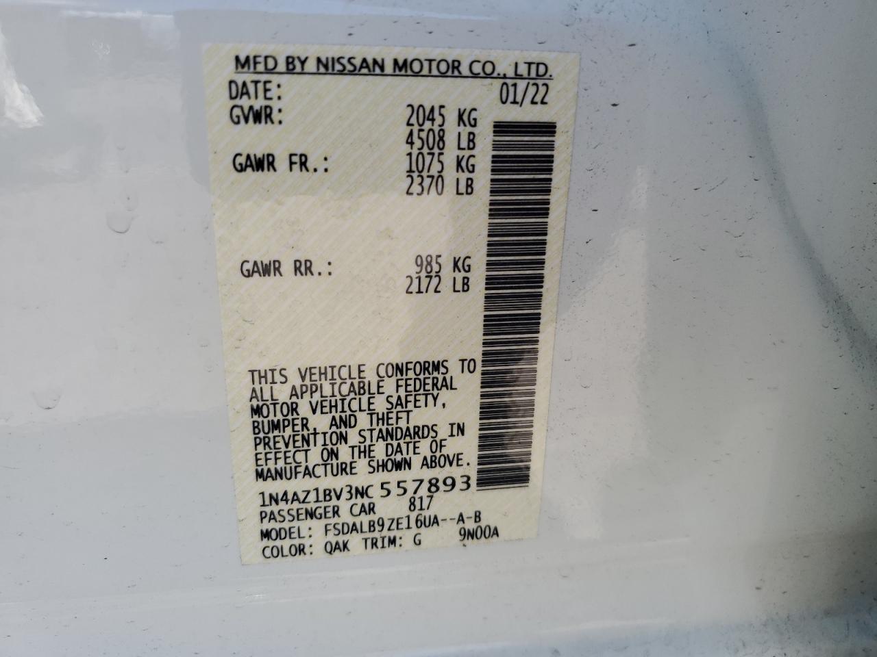 2022 Nissan Leaf S VIN: 1N4AZ1BV3NC557893 Lot: 60776844