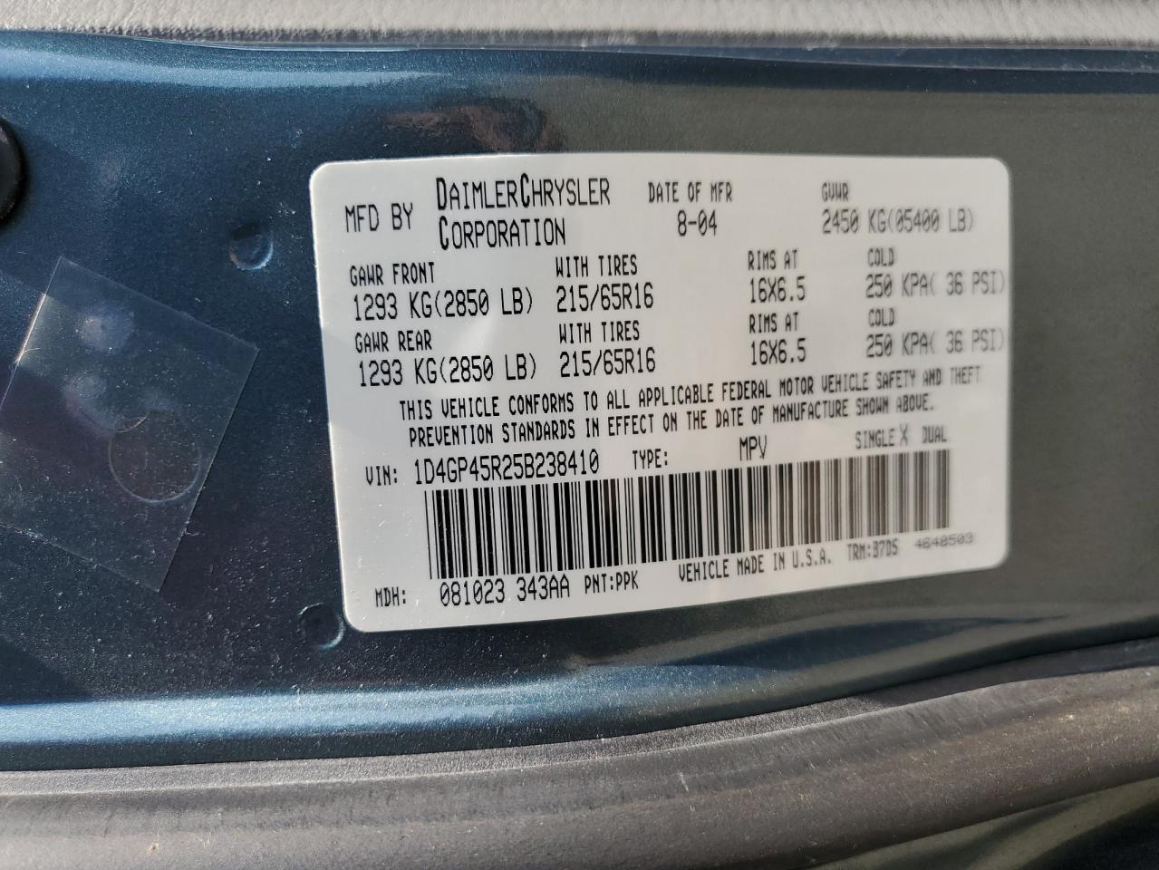 2005 Dodge Caravan Sxt VIN: 1D4GP45R25B238410 Lot: 59869134