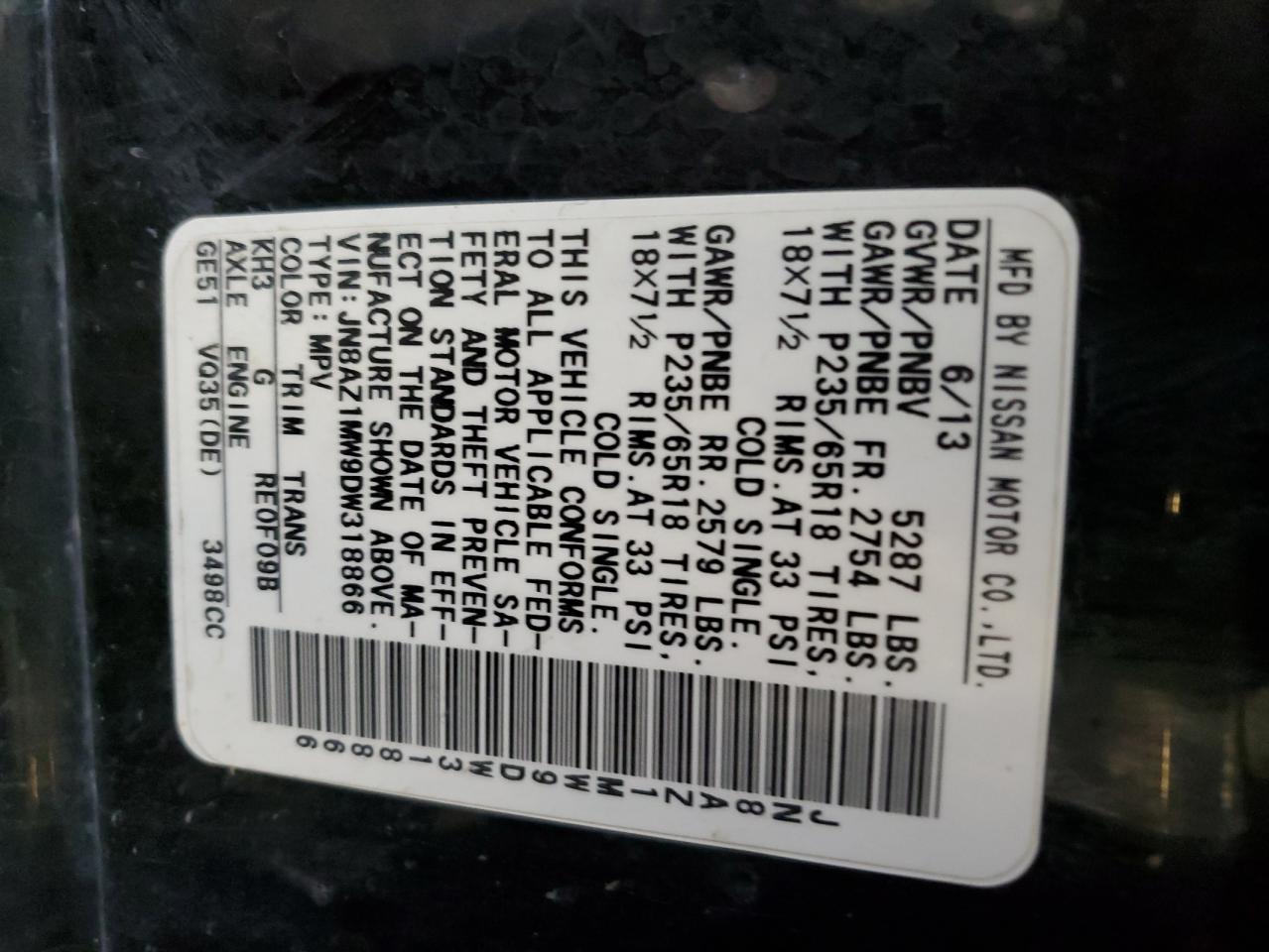 2013 Nissan Murano S VIN: JN8AZ1MW9DW318866 Lot: 57239664