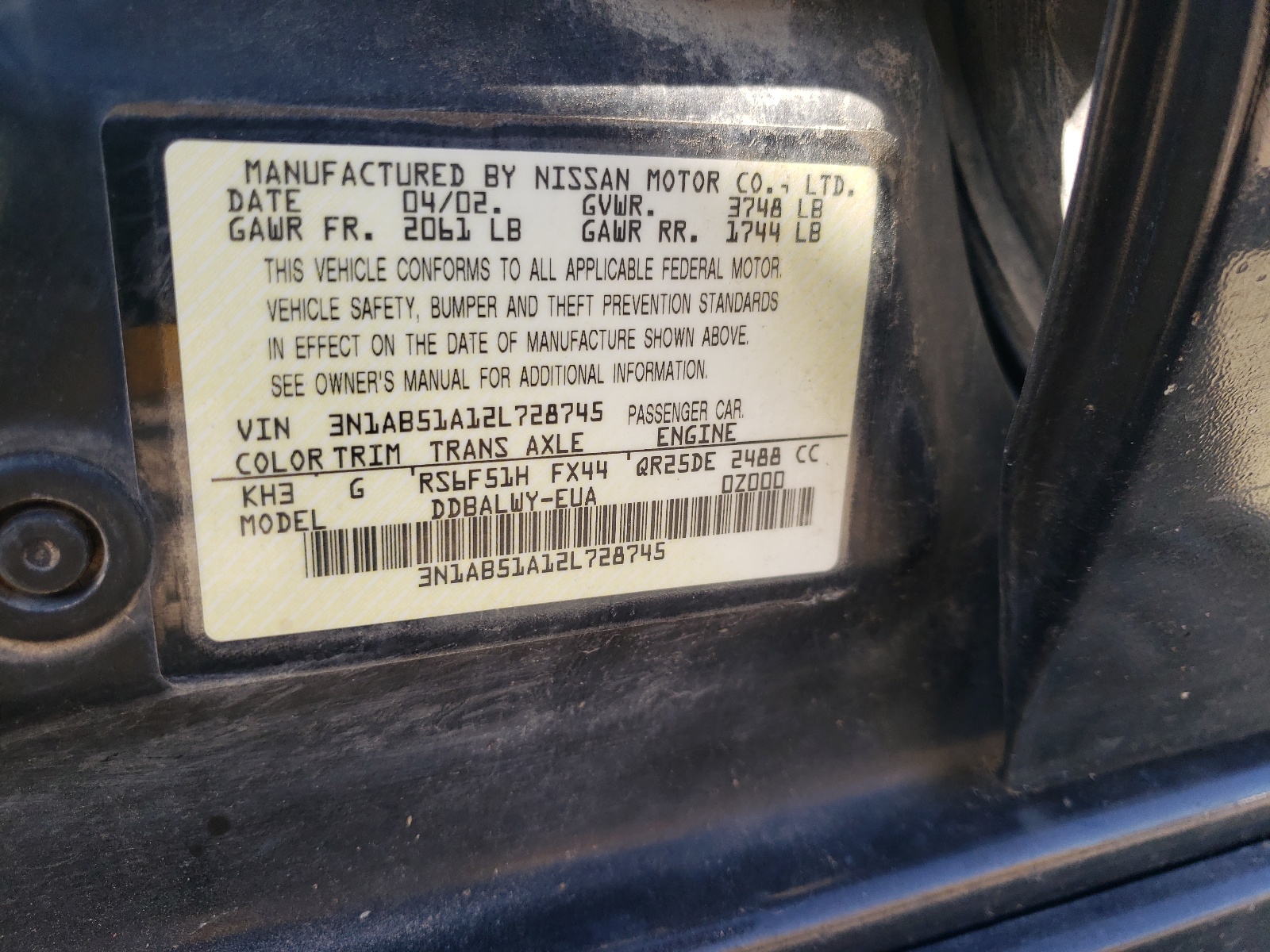 3N1AB51A12L728745 2002 Nissan Sentra Se-R Spec V