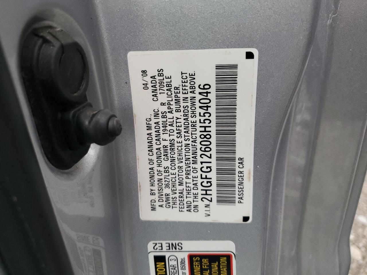 2008 Honda Civic Lx VIN: 2HGFG12608H554046 Lot: 41491285