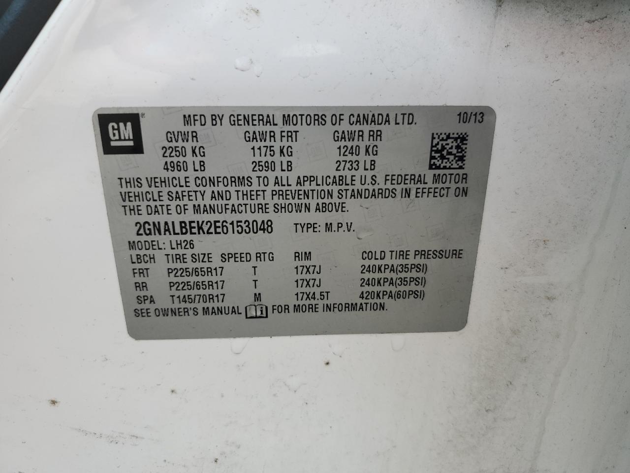 2014 Chevrolet Equinox Lt VIN: 2GNALBEK2E6153048 Lot: 59458474