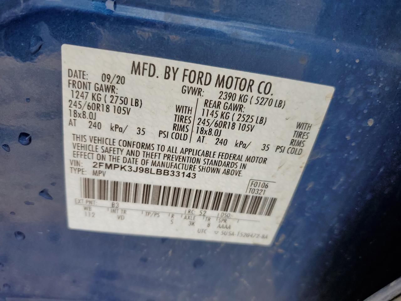 2020 Ford Edge Sel VIN: 2FMPK3J98LBB33143 Lot: 57148724