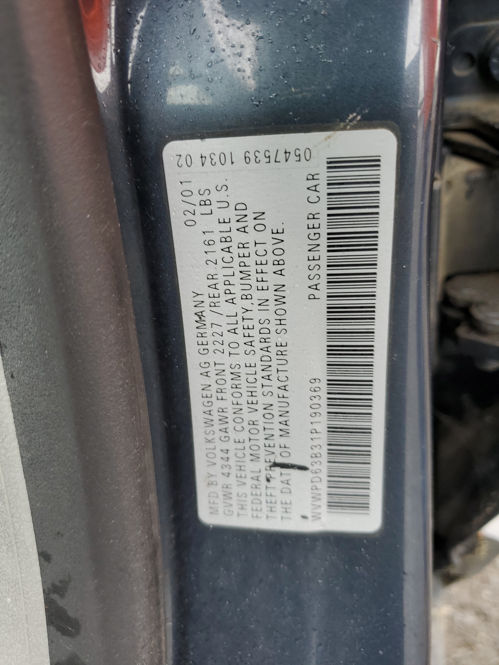 WVWPD63B31P190369 2001 Volkswagen Passat Gls