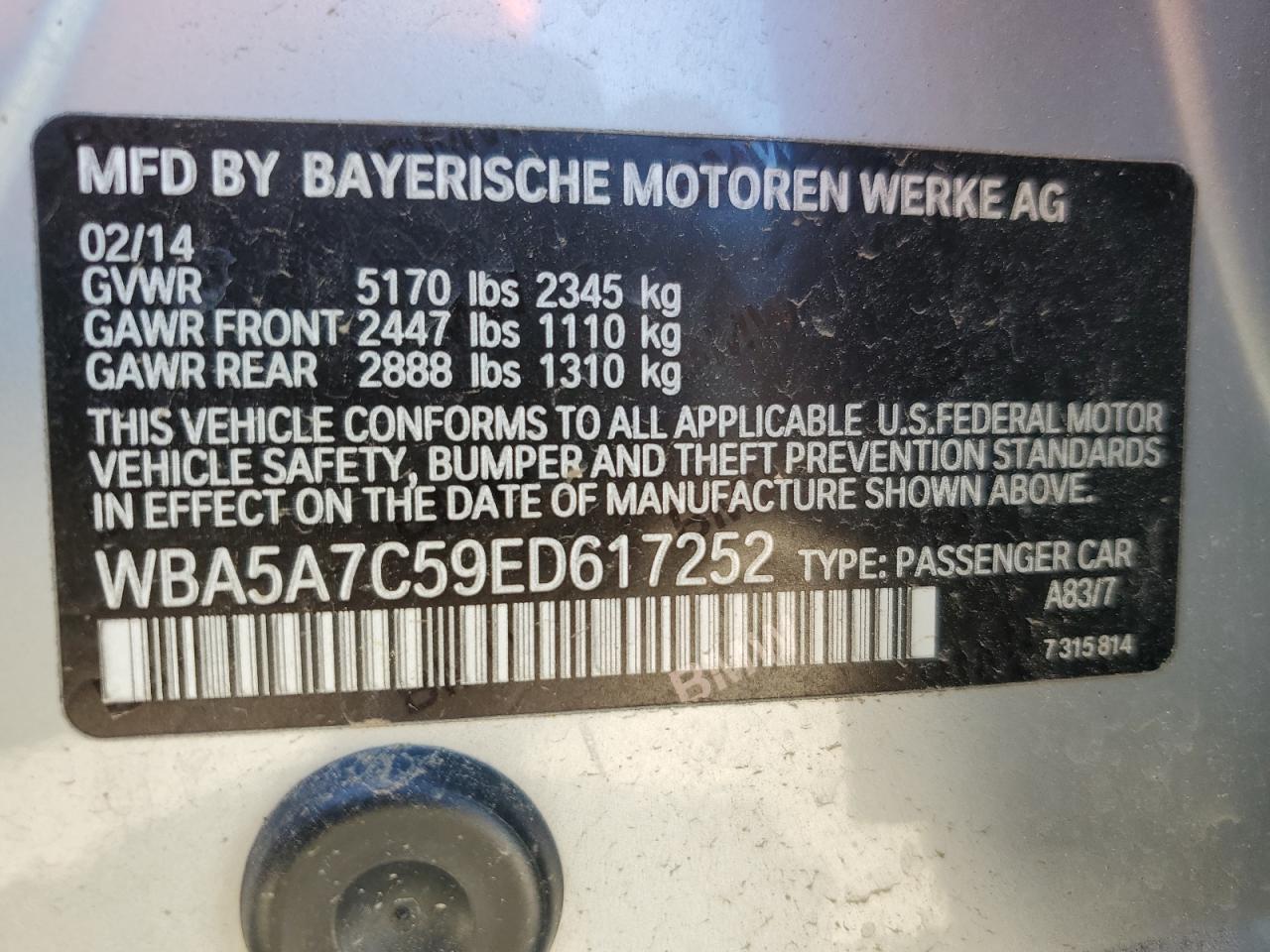 2014 BMW 528 Xi VIN: WBA5A7C59ED617252 Lot: 66442024