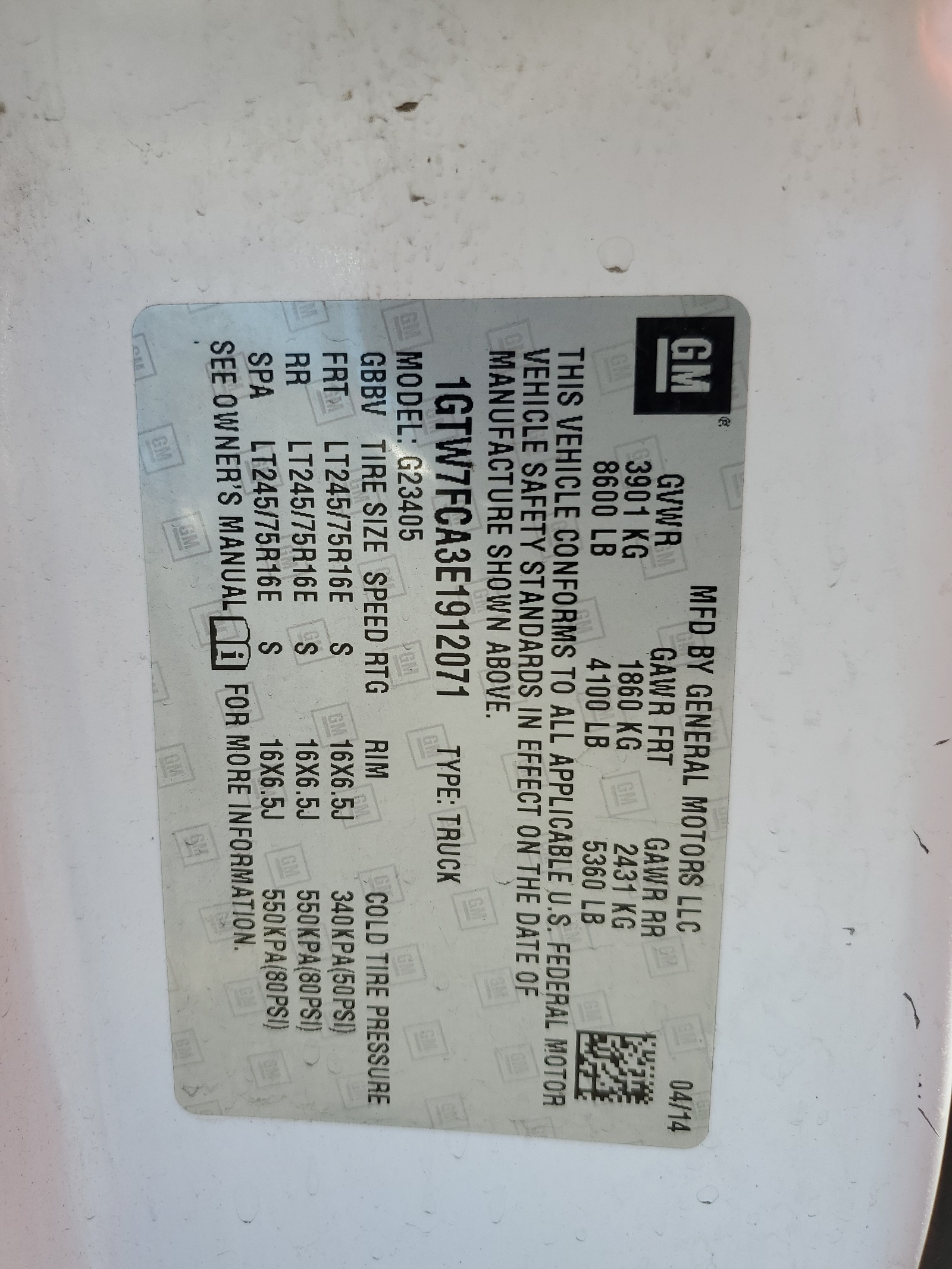 1GTW7FCA3E1912071 2014 GMC Savana G2500