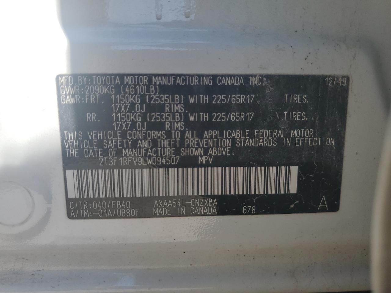 2T3F1RFV9LW094507 2020 Toyota Rav4 Le