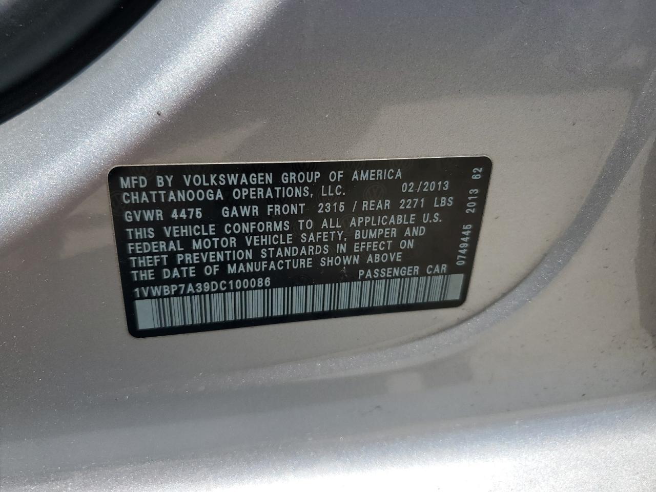 2013 Volkswagen Passat Se VIN: 1VWBP7A39DC100086 Lot: 58256984