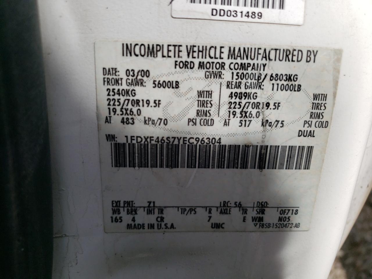 2000 Ford F450 Super Duty VIN: 1FDXF46S7YEC96304 Lot: 60696564