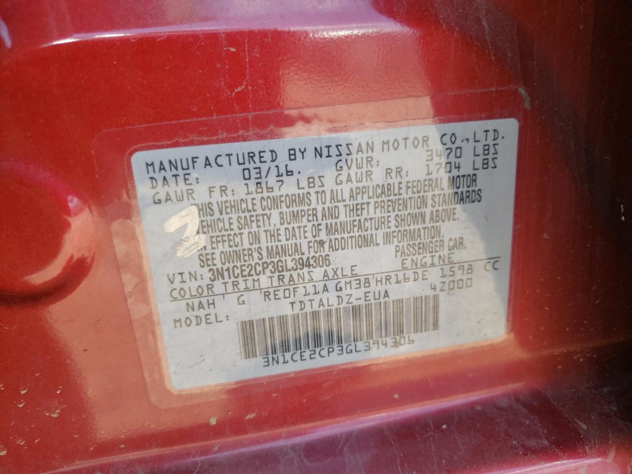 2016 Nissan Versa Note S VIN: 3N1CE2CP3GL394306 Lot: 59396314