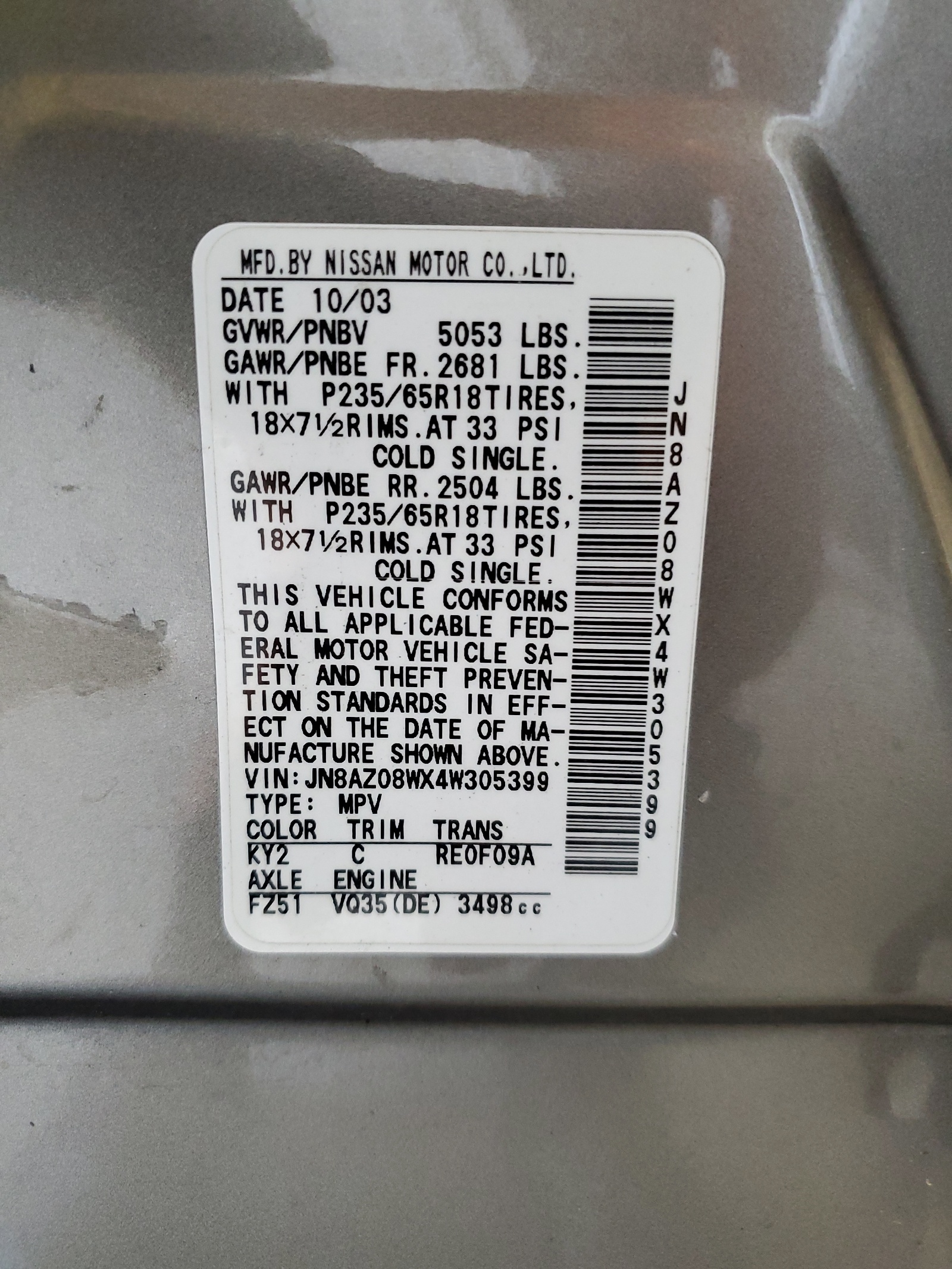 JN8AZ08WX4W305399 2004 Nissan Murano Sl